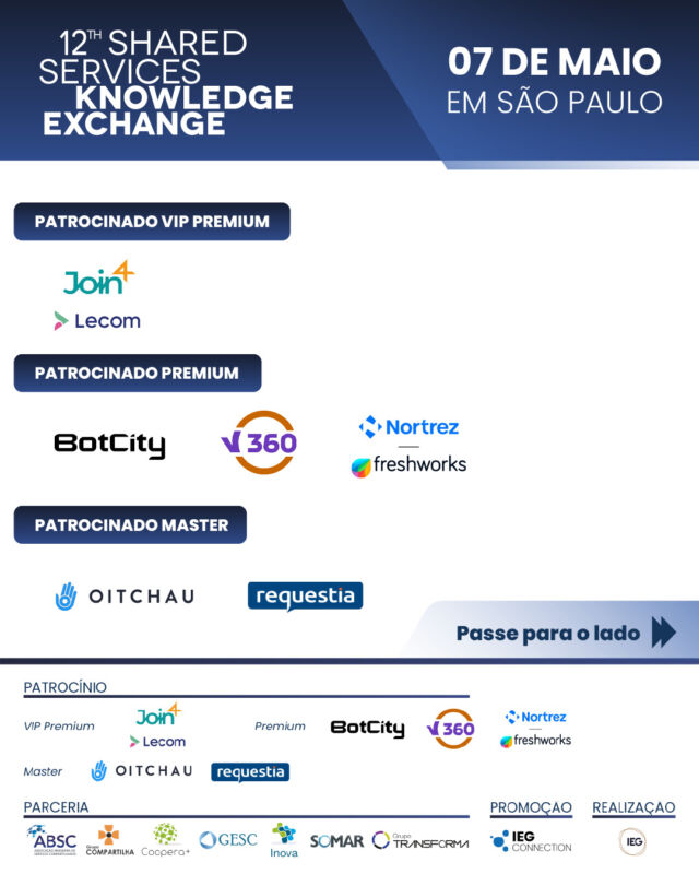 O maior evento de CSC do país - 12th SSKE - está chegando. Confira os patrocinadores dessa grande edição!

Prepare-se para conhecer soluções que estão transformando os Centros de Serviços Compartilhados no Brasil!
Venha viver essa experiência única de inovação, networking e muita troca de conhecimento.

📆 07/05/2025

📍 Amcham Bussines Center
 
🕒 Das 8h às 18h 

Não perca essa oportunidade saiba mais em https://materiais.ieg.com.br/12th-sske-2025 (link na bio)

#IEG #csc #12thsske #sharedservices #eventoscorporativos