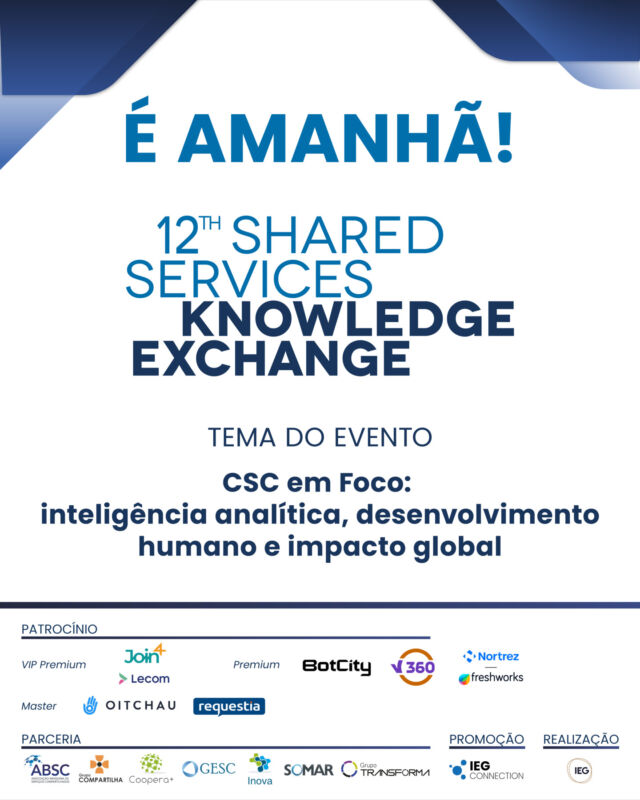 🚨 É AMANHÃ! 🚨
Está tudo pronto para mais uma edição do maior evento de interação e discussão sobre Serviços Compartilhados do país!

O 12th Shared Services Knowledge Exchange será realizado amanhã na Amcham Business Center em São Paulo.

São esperados cerca de 180 participantes de 67 empresas que participarão de um dia inteiro de discussão acerca do tema: “CSC em Foco: inteligência analítica, desenvolvimento humano e impacto global” 🌎

💡 Acompanhe a cobertura completa pelas nossas redes sociais e fique por dentro de tudo que vai acontecer!

#IEG #CSC #12thsske #sharedservices #eventoscorporativos